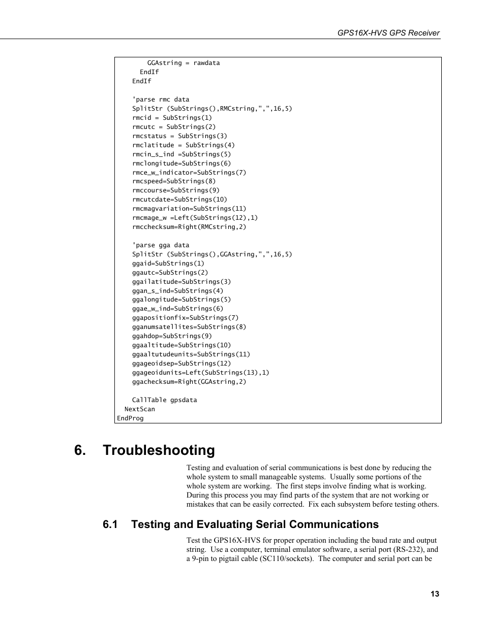 Troubleshooting, 1 testing and evaluating serial communications, Testing and evaluating serial communications | Campbell Scientific GPS16X-HVS GPS Receiver User Manual | Page 19 / 38