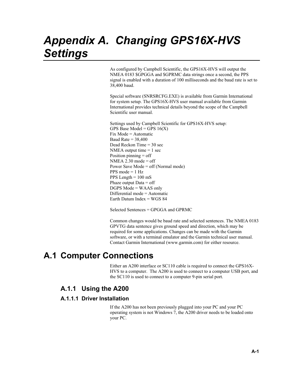 Appendix a. changing gps16x-hvs settings, A.1 computer connections, A.1.1 using the a200 | A.1.1.1 driver installation, A.1.1, A.1.1.1 | Campbell Scientific GPS16X-HVS GPS Receiver User Manual | Page 21 / 38