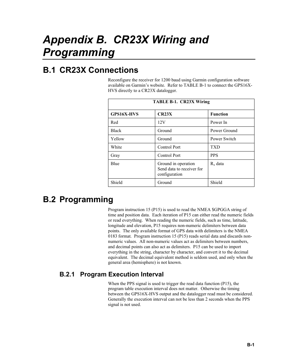 Appendix b. cr23x wiring and programming, B.1 cr23x connections, B.2 programming | B.2.1 program execution interval | Campbell Scientific GPS16X-HVS GPS Receiver User Manual | Page 25 / 38
