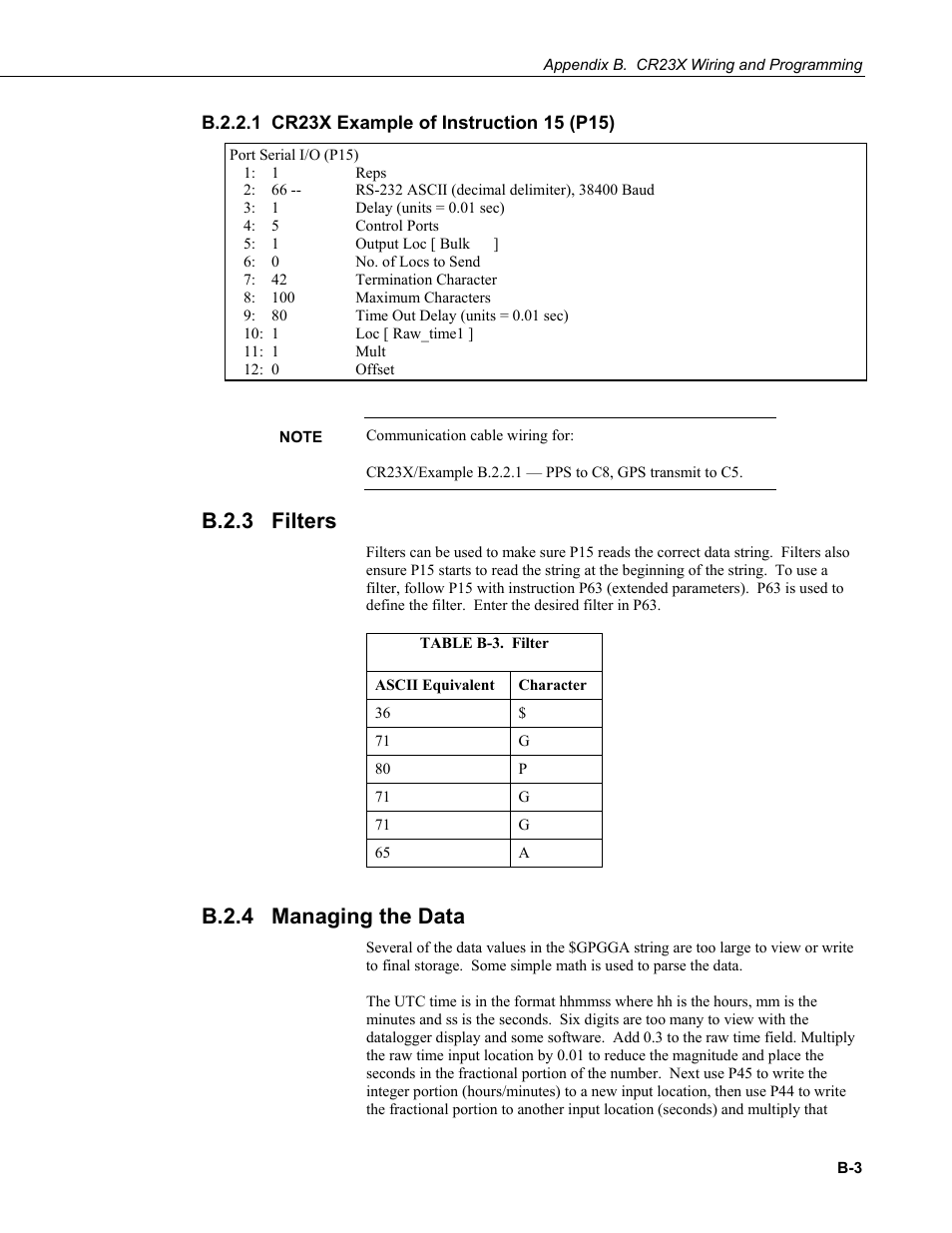 B.2.2.1 cr23x example of instruction 15 (p15), B.2.3 filters, B.2.4 managing the data | Campbell Scientific GPS16X-HVS GPS Receiver User Manual | Page 27 / 38