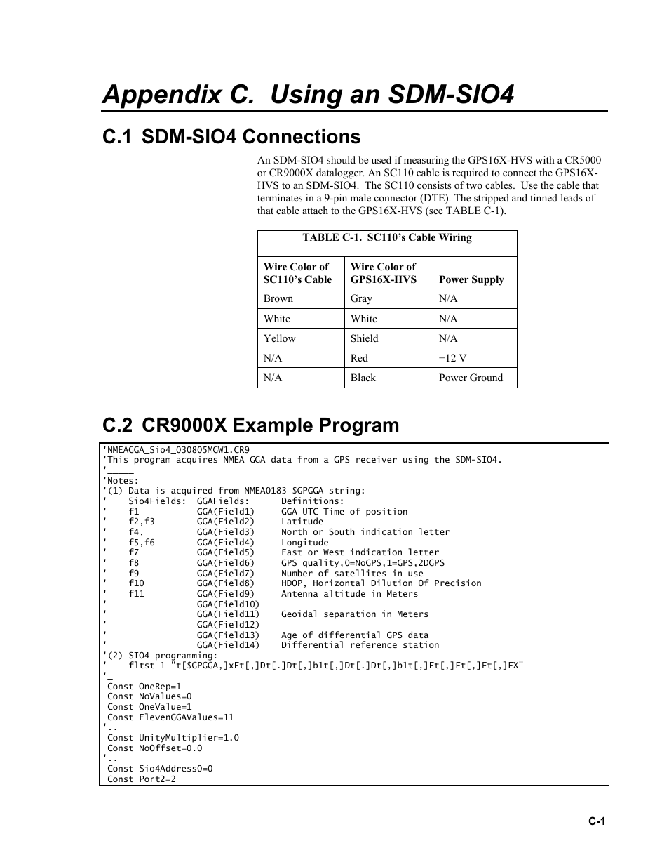 Appendix c. using an sdm-sio4, C.1 sdm-sio4 connections, C.2 cr9000x example program | Campbell Scientific GPS16X-HVS GPS Receiver User Manual | Page 35 / 38