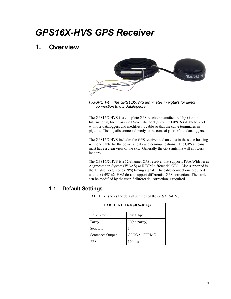 Overview, 1 default settings, Default settings | Compatible dataloggers, To our dataloggers, 1. default settings, Gps16x-hvs gps receiver | Campbell Scientific GPS16X-HVS GPS Receiver User Manual | Page 7 / 38