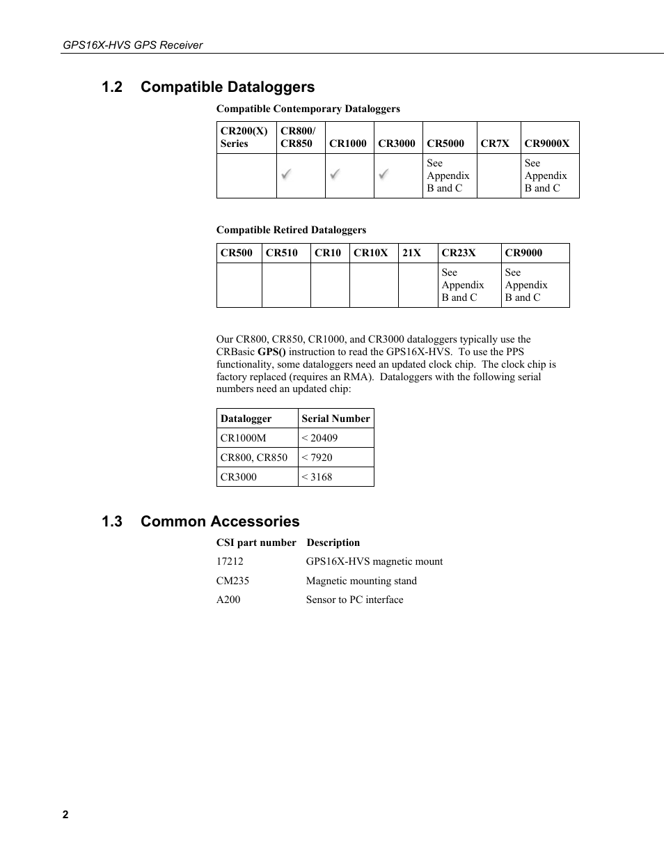 2 compatible dataloggers, 3 common accessories, Common accessories | Campbell Scientific GPS16X-HVS GPS Receiver User Manual | Page 8 / 38
