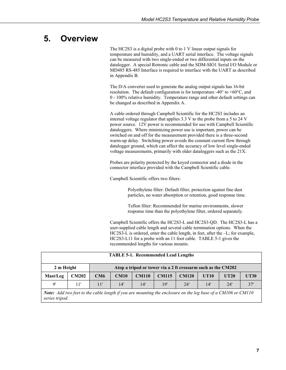 Overview, 1. recommended lead lengths | Campbell Scientific HC2S3 Temperature and Relative Humidity Probe User Manual | Page 13 / 42