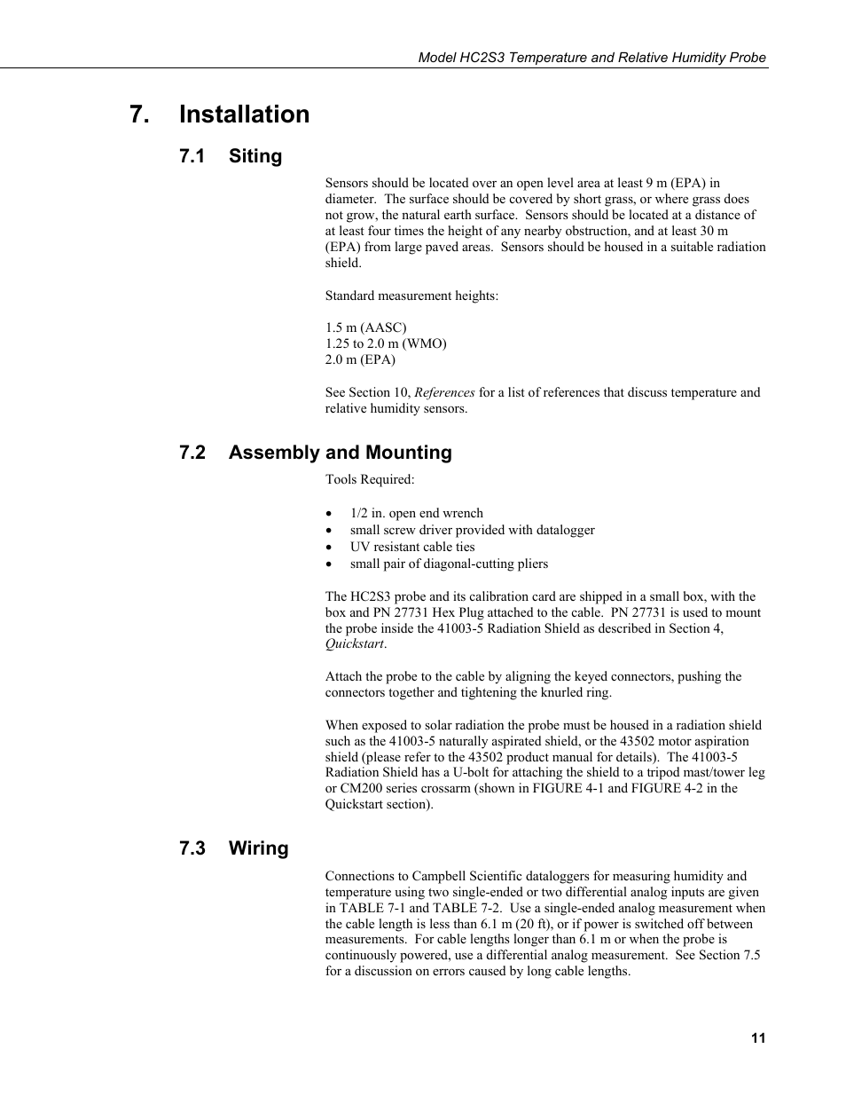 Installation, 1 siting, 2 assembly and mounting | 3 wiring, Siting, Assembly and mounting, Wiring | Campbell Scientific HC2S3 Temperature and Relative Humidity Probe User Manual | Page 17 / 42