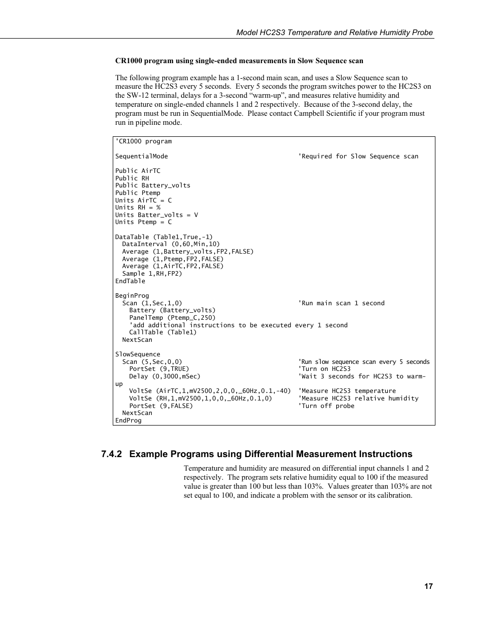 Example programs using differential measurement, Instructions | Campbell Scientific HC2S3 Temperature and Relative Humidity Probe User Manual | Page 23 / 42