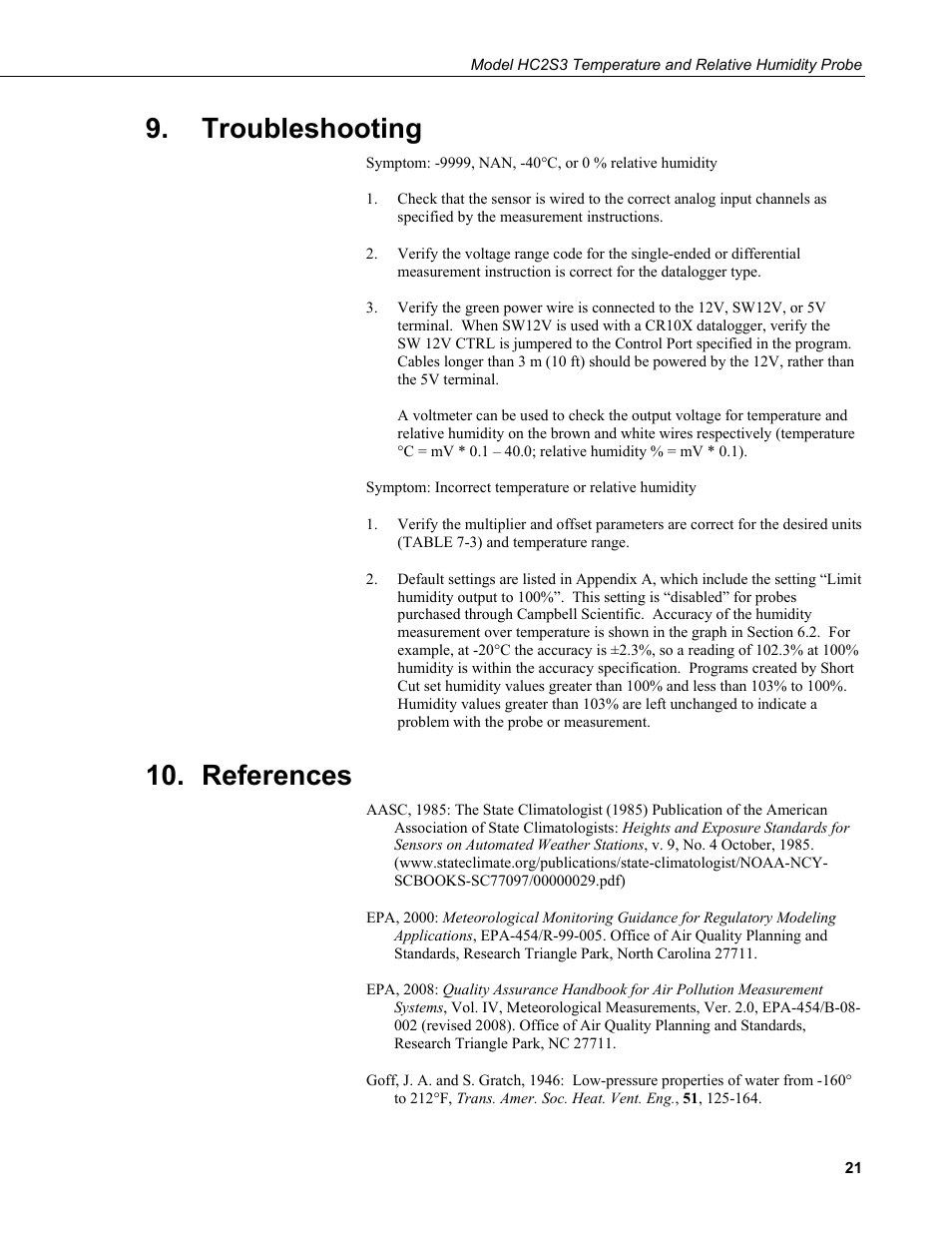 Troubleshooting, References, See section 10 | Campbell Scientific HC2S3 Temperature and Relative Humidity Probe User Manual | Page 27 / 42