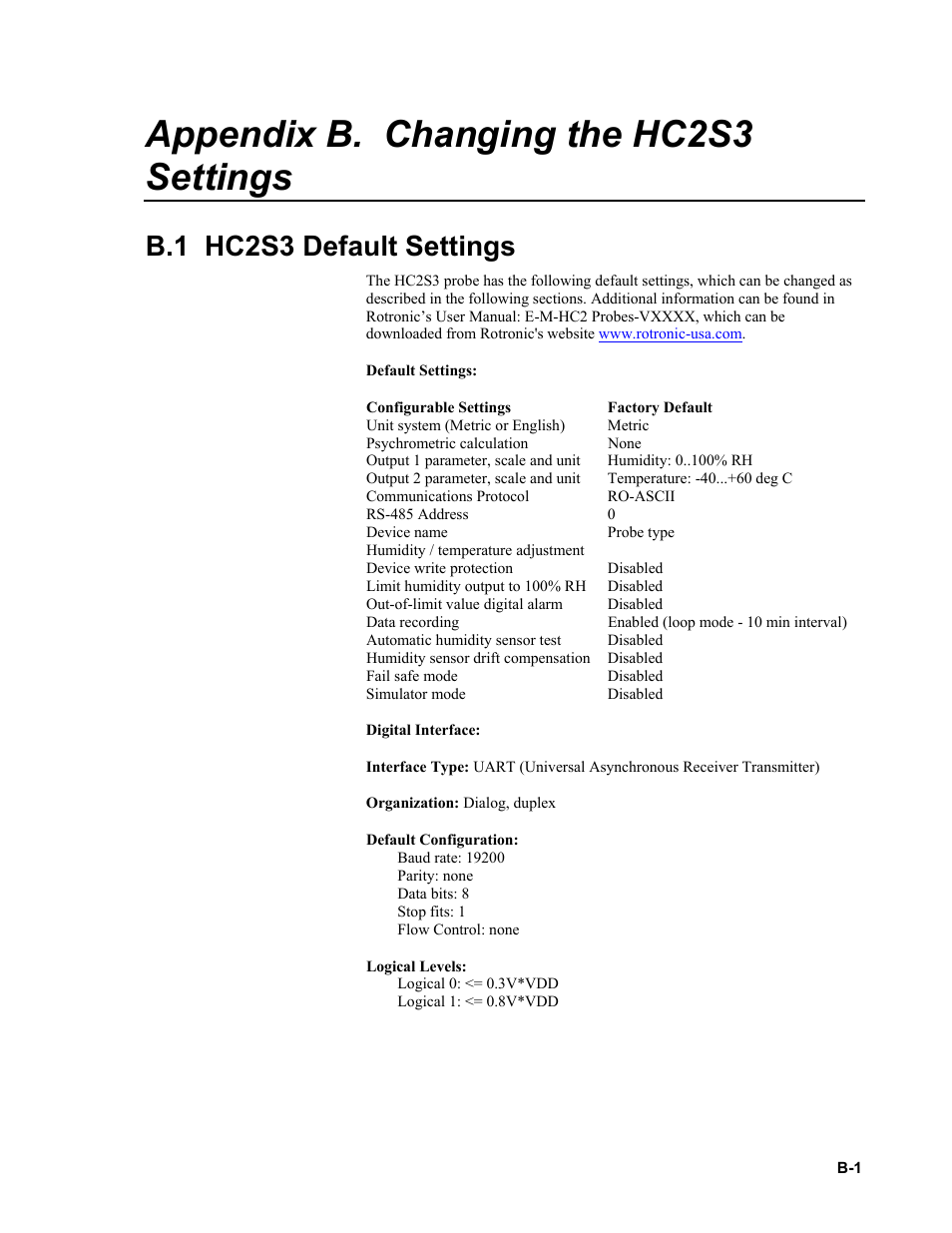 Appendix b. changing the hc2s3 settings, B.1 hc2s3 default settings, B.1 hc2s3 | Default | Campbell Scientific HC2S3 Temperature and Relative Humidity Probe User Manual | Page 31 / 42