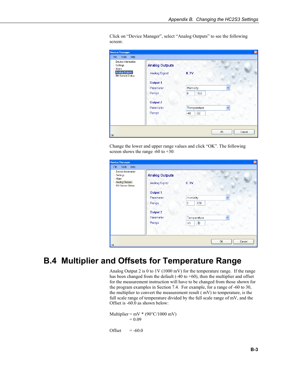 B.4 multiplier and offsets for temperature range | Campbell Scientific HC2S3 Temperature and Relative Humidity Probe User Manual | Page 33 / 42