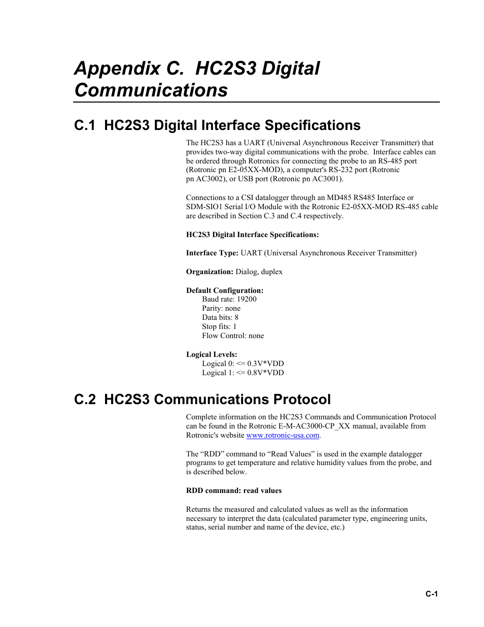 Appendix c. hc2s3 digital communications, C.1 hc2s3 digital interface specifications, C.2 hc2s3 communications protocol | C.1 hc2s3, Digital, C.2 hc2s3 | Campbell Scientific HC2S3 Temperature and Relative Humidity Probe User Manual | Page 35 / 42