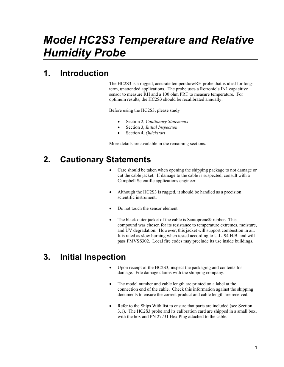 Introduction, Cautionary statements, Initial inspection | Campbell Scientific HC2S3 Temperature and Relative Humidity Probe User Manual | Page 7 / 42