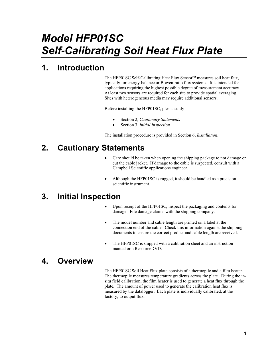 Introduction, Cautionary statements, Initial inspection | Overview | Campbell Scientific HFP01SC Hukseflux Self-Calibrating Soil Heat Flux Plate User Manual | Page 7 / 32