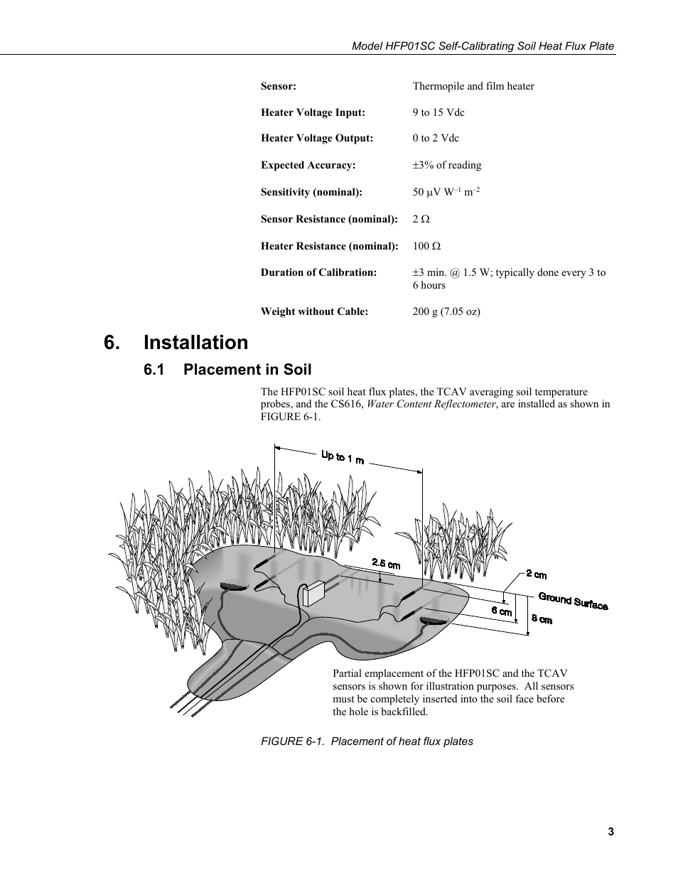 Installation, 1 placement in soil, Placement in soil | 1. placement of heat flux plates | Campbell Scientific HFP01SC Hukseflux Self-Calibrating Soil Heat Flux Plate User Manual | Page 9 / 32