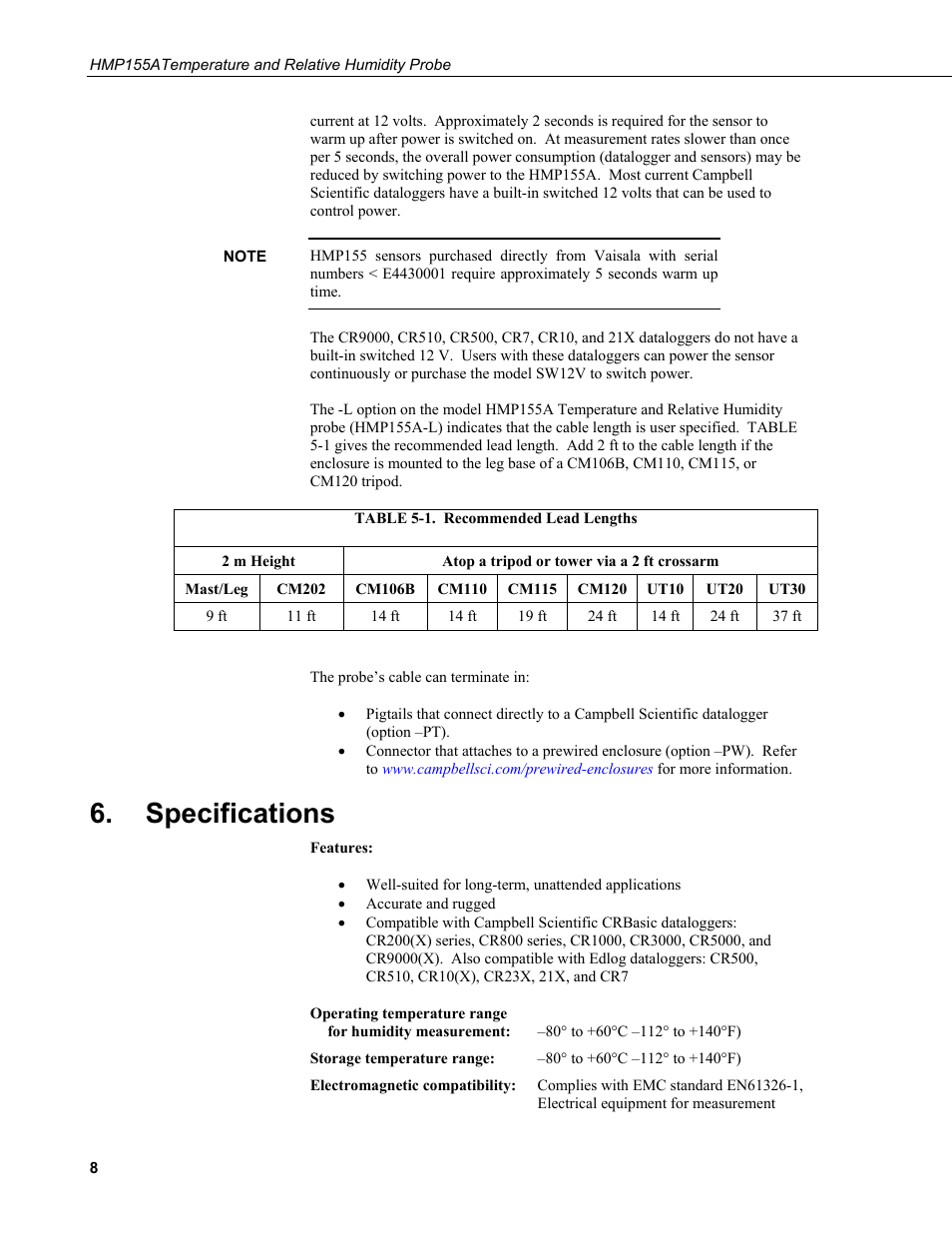 Specifications, 1. recommended lead lengths | Campbell Scientific HMP155A Temperature and Relative Humidity Probe User Manual | Page 16 / 48