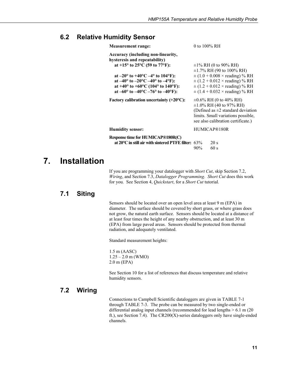 2 relative humidity sensor, Installation, 1 siting | 2 wiring, Relative humidity sensor, Siting, Wiring | Campbell Scientific HMP155A Temperature and Relative Humidity Probe User Manual | Page 19 / 48