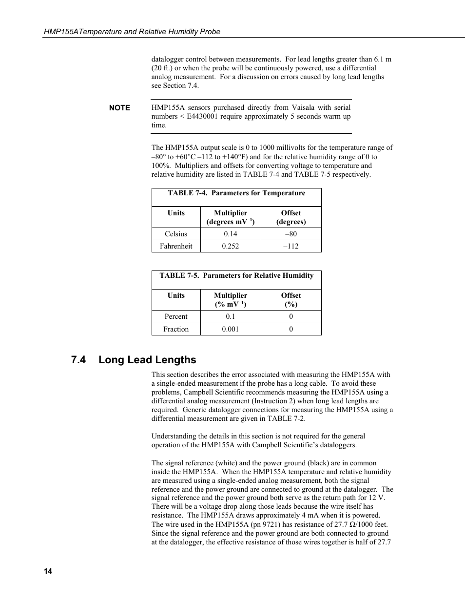 4 long lead lengths, Long lead lengths, 4. parameters for temperature | 5. parameters for relative humidity | Campbell Scientific HMP155A Temperature and Relative Humidity Probe User Manual | Page 22 / 48