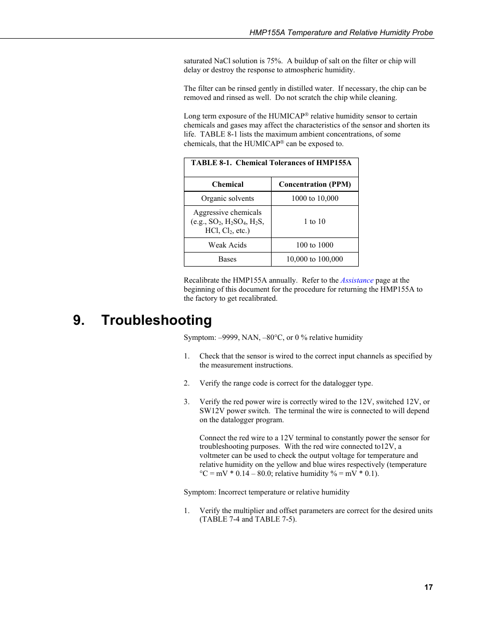 Troubleshooting, 1. chemical tolerances of hmp155a | Campbell Scientific HMP155A Temperature and Relative Humidity Probe User Manual | Page 25 / 48