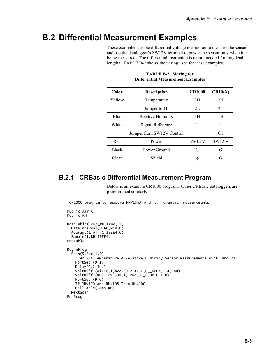 B.2 differential measurement examples, B.2.1 crbasic differential measurement program, B.2.1 | Campbell Scientific HMP155A Temperature and Relative Humidity Probe User Manual | Page 31 / 48