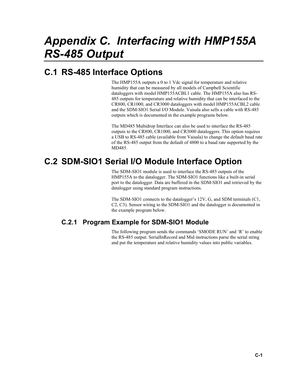 Appendix c. interfacing with hmp155a rs-485 output, C.1 rs-485 interface options, C.2 sdm-sio1 serial i/o module interface option | C.2.1 program example for sdm-sio1 module, C.2.1 | Campbell Scientific HMP155A Temperature and Relative Humidity Probe User Manual | Page 37 / 48
