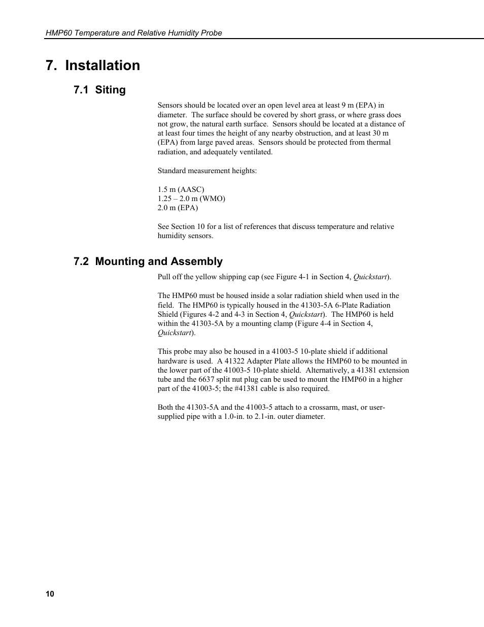 Installation, 1 siting, 2 mounting and assembly | Campbell Scientific HMP60 Temperature and Relative Humidity Probe User Manual | Page 16 / 26