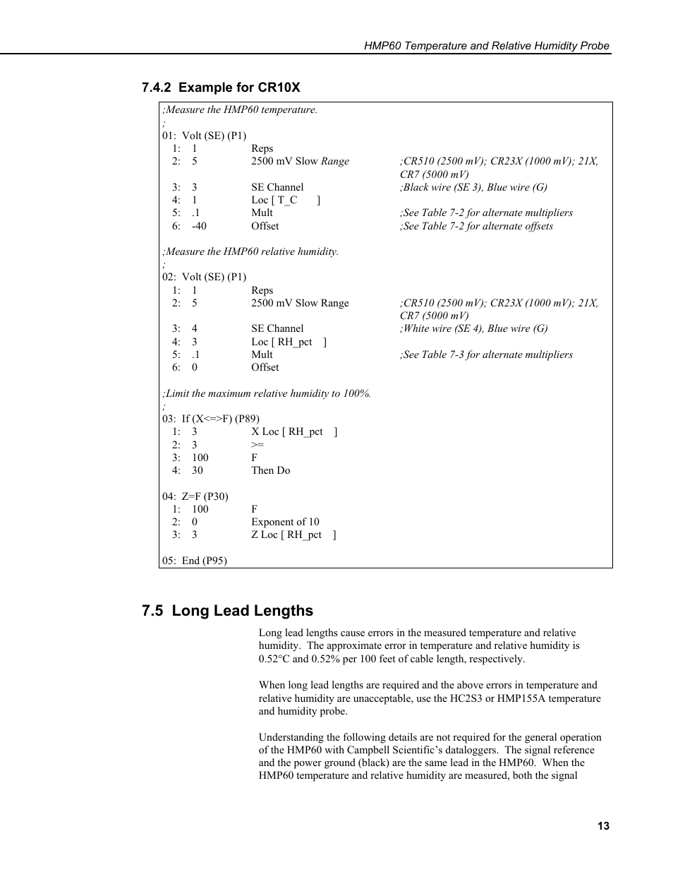 2 example for cr10x, 5 long lead lengths | Campbell Scientific HMP60 Temperature and Relative Humidity Probe User Manual | Page 19 / 26