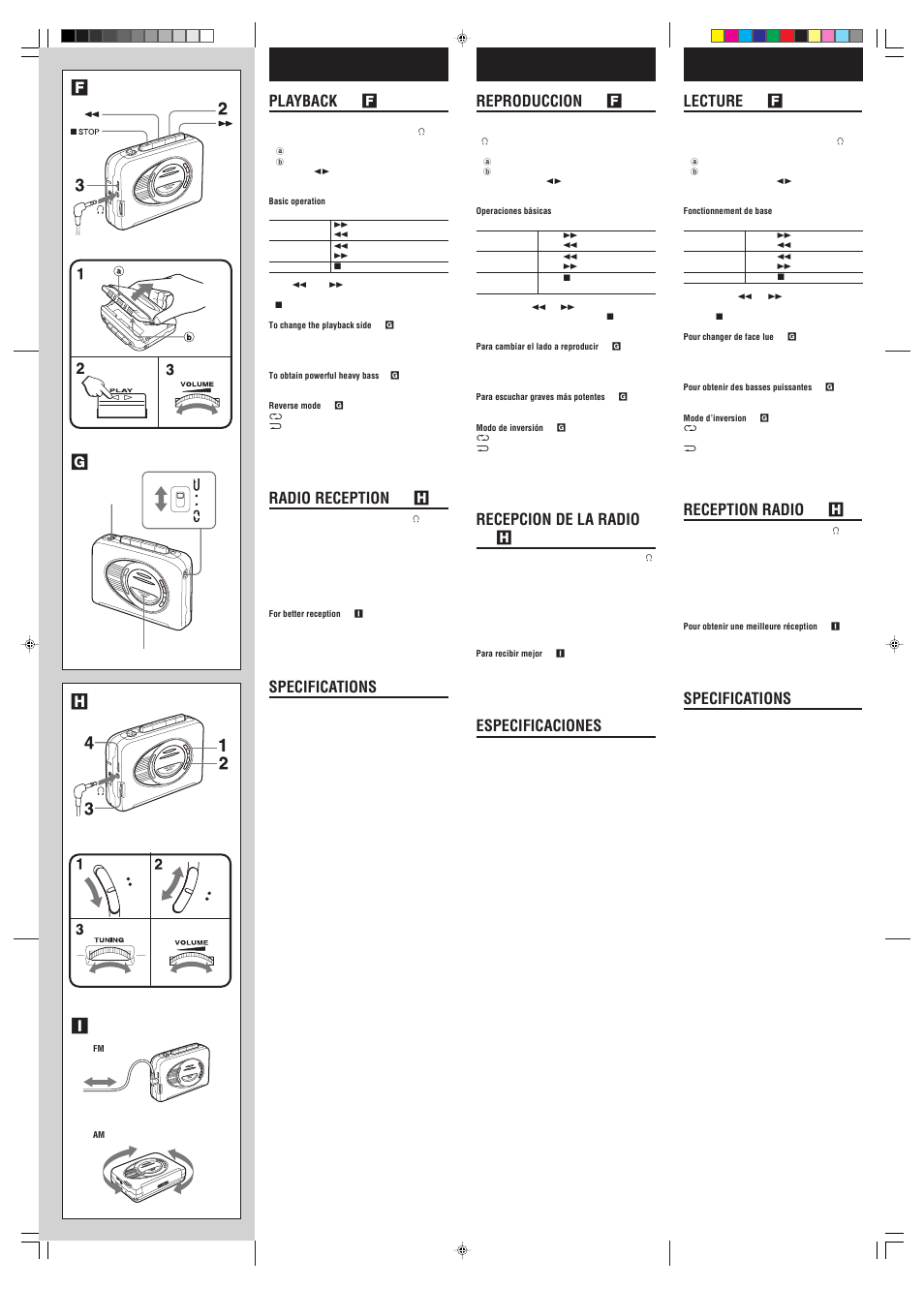 Fi h g, Playback → f, Radio reception → h | Specifications, Reproduccion → f, Recepcion de la radio → h, Especificaciones, Lecture → f, Reception radio → h | Aiwa HS TA403 User Manual | Page 2 / 2