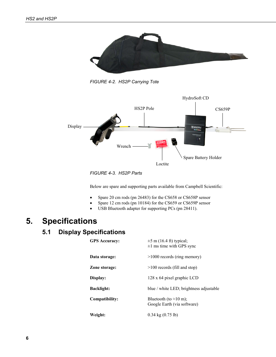 Specifications, 1 display specifications, Display specifications | 2. hs2p carrying tote, 3. hs2p parts, Figure 4-2, hs2p carrying tote, Figure 4-3, Hs2p parts | Campbell Scientific HS2 and HS2P (HydroSense II) User Manual | Page 14 / 46