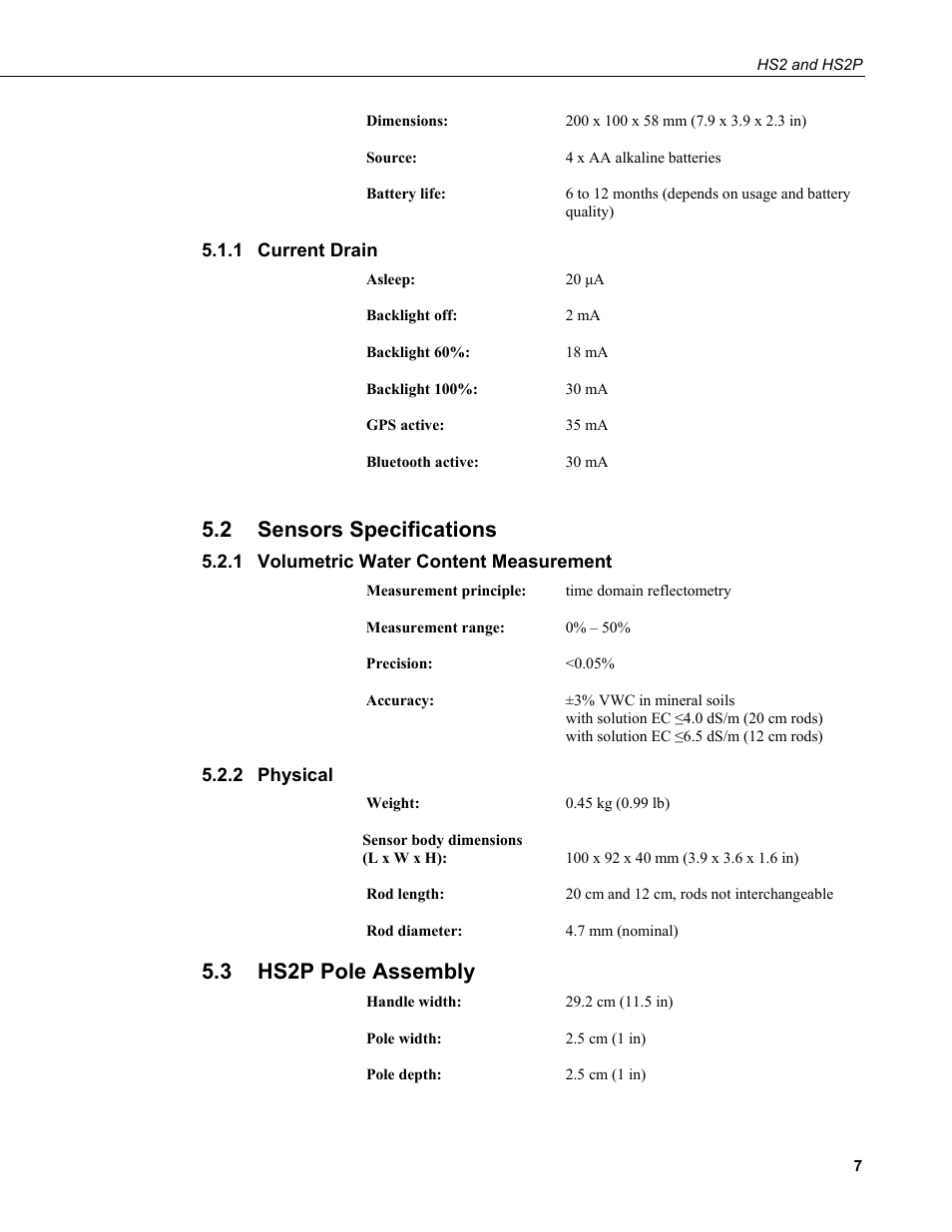1 current drain, 2 sensors specifications, 1 volumetric water content measurement | 2 physical, 3 hs2p pole assembly, Current drain, Sensors specifications, Volumetric water content measurement, Physical, Hs2p pole assembly | Campbell Scientific HS2 and HS2P (HydroSense II) User Manual | Page 15 / 46