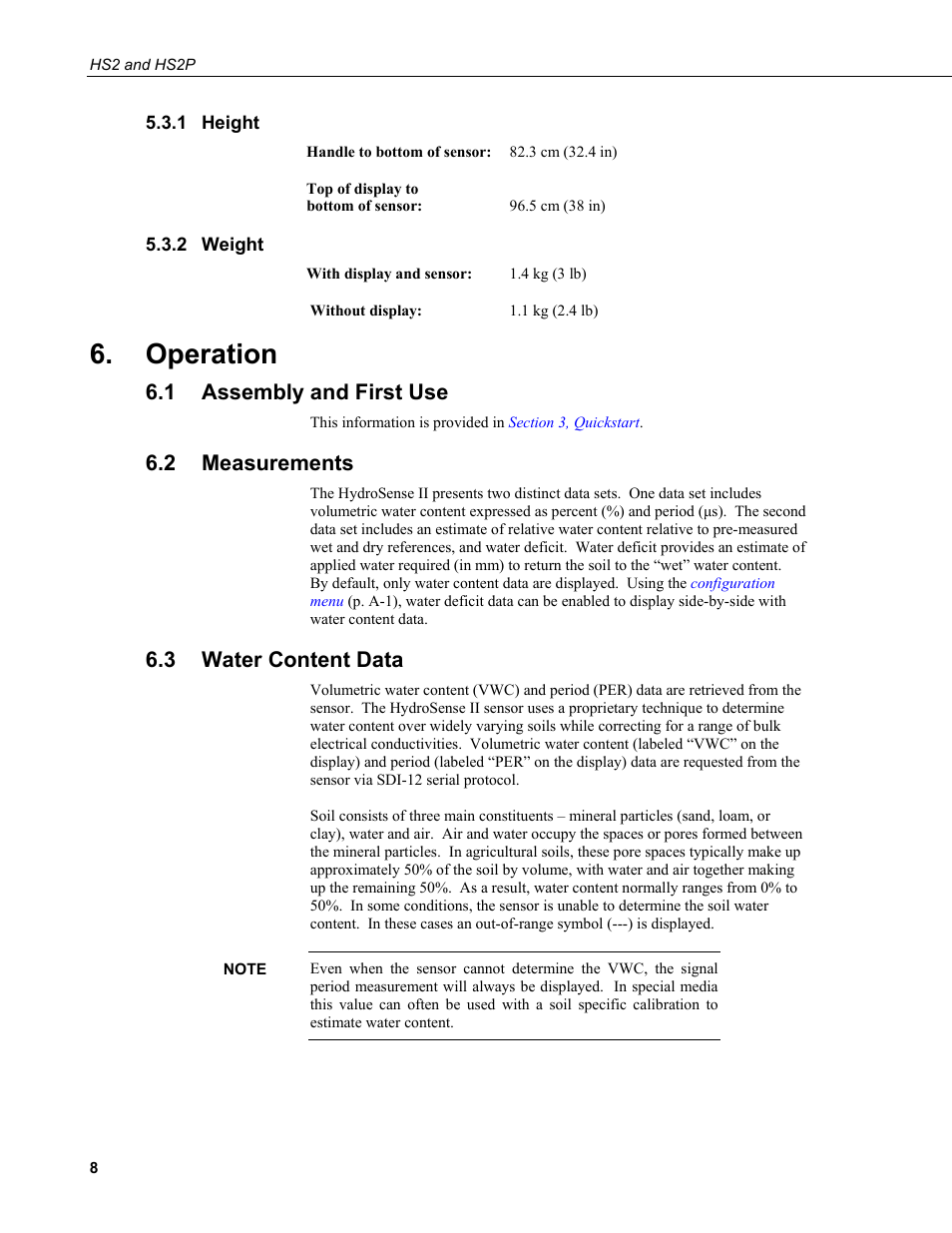 1 height, 2 weight, Operation | 1 assembly and first use, 2 measurements, 3 water content data, Height, Weight, Assembly and first use, Measurements | Campbell Scientific HS2 and HS2P (HydroSense II) User Manual | Page 16 / 46