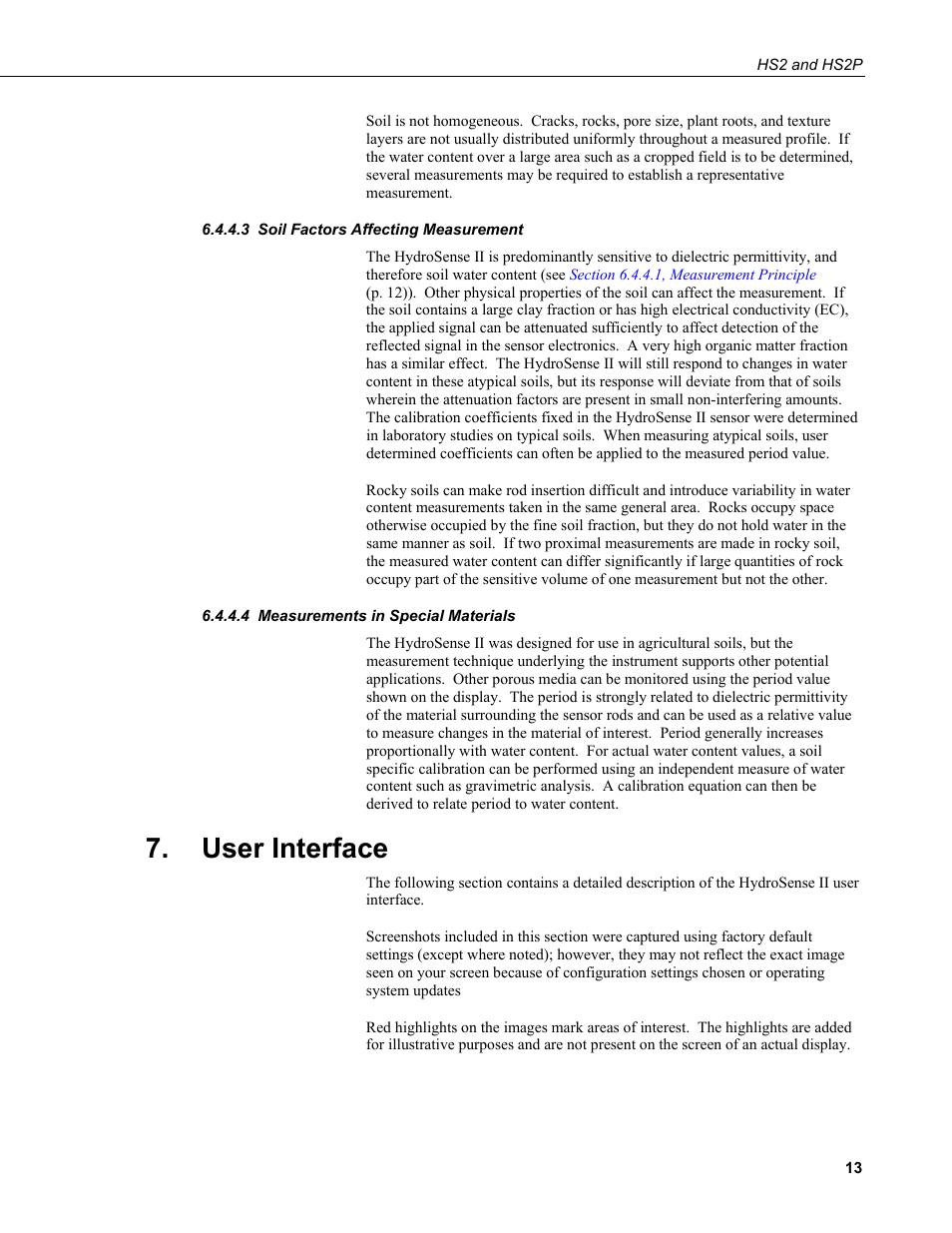 3 soil factors affecting measurement, 4 measurements in special materials, User interface | Soil factors affecting measurement, Measurements in special materials | Campbell Scientific HS2 and HS2P (HydroSense II) User Manual | Page 21 / 46