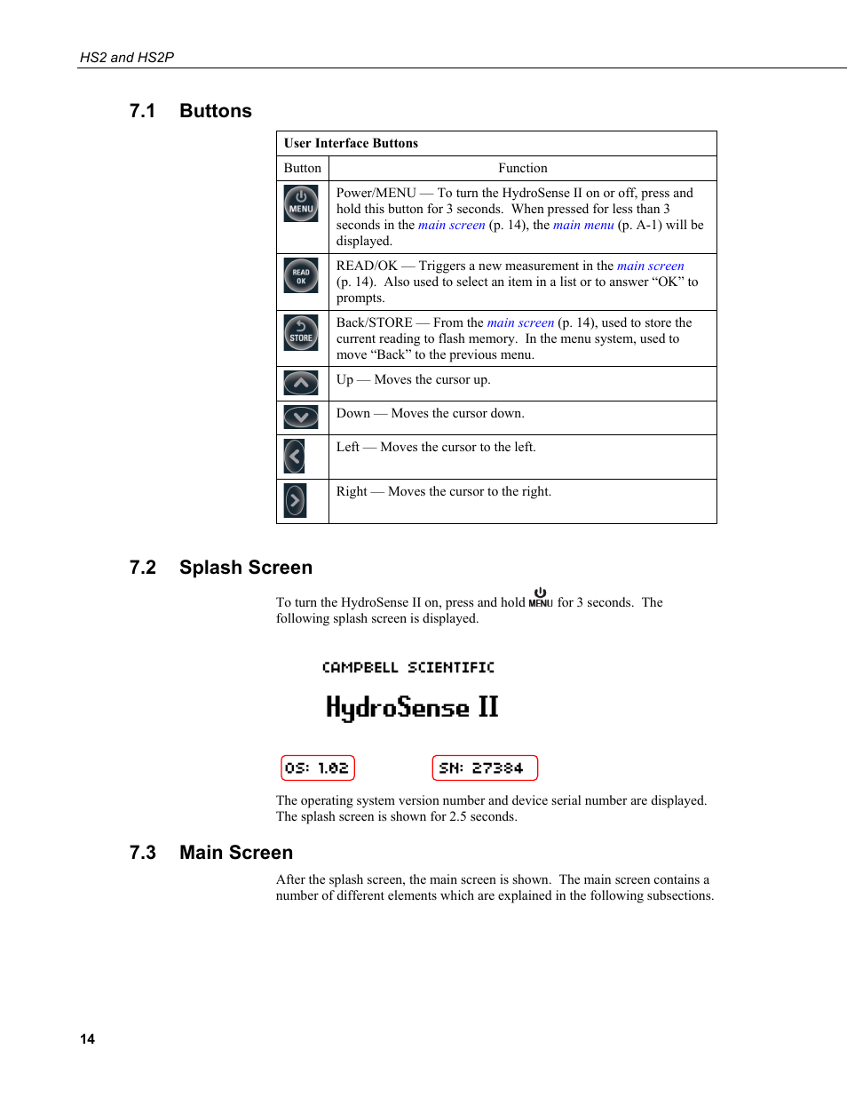 1 buttons, 2 splash screen, 3 main screen | Buttons, Splash screen, Main screen | Campbell Scientific HS2 and HS2P (HydroSense II) User Manual | Page 22 / 46