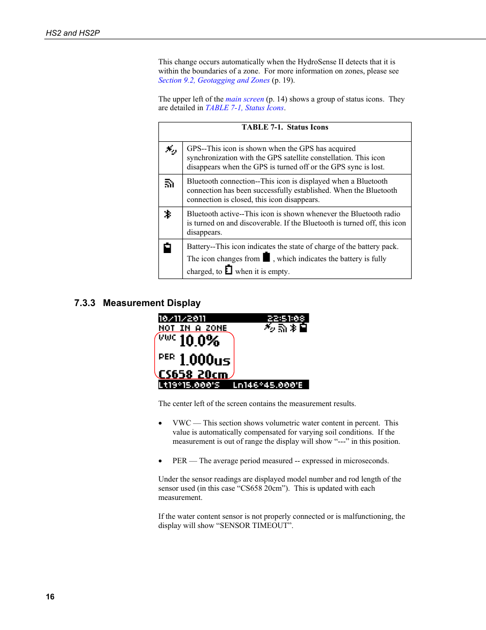 3 measurement display, Measurement display, 1. status icons | Campbell Scientific HS2 and HS2P (HydroSense II) User Manual | Page 24 / 46