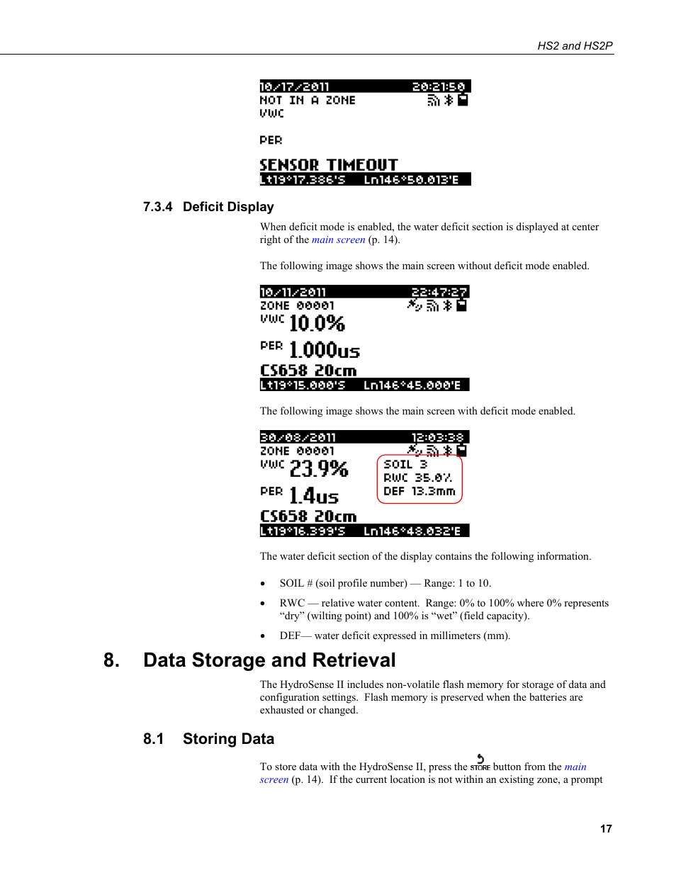 4 deficit display, Data storage and retrieval, 1 storing data | Deficit display, Storing data, N 7.3.4, deficit display | Campbell Scientific HS2 and HS2P (HydroSense II) User Manual | Page 25 / 46