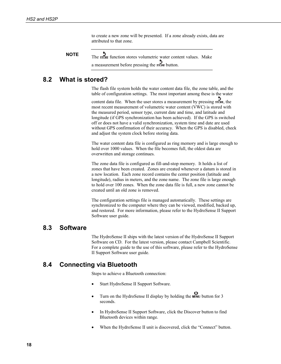 2 what is stored, 3 software, 4 connecting via bluetooth | What is stored, Software, Connecting via bluetooth, 4, connecting via bluetooth, Bluetooth | Campbell Scientific HS2 and HS2P (HydroSense II) User Manual | Page 26 / 46