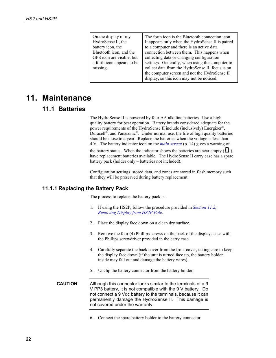 Maintenance, 1 batteries, 1 replacing the battery pack | Batteries, Replacing the battery pack | Campbell Scientific HS2 and HS2P (HydroSense II) User Manual | Page 30 / 46