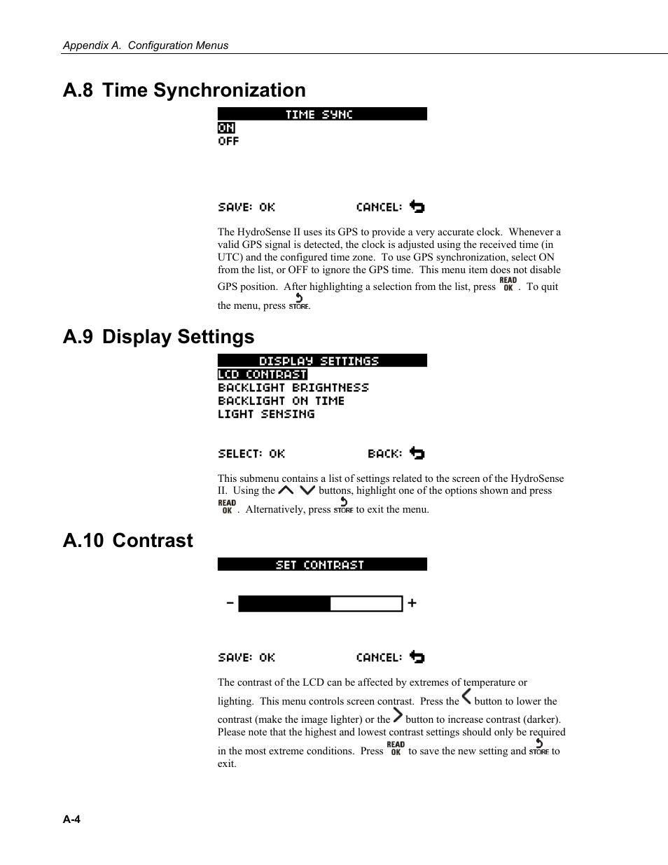 A.8 time synchronization, A.9 display settings, A.10 contrast | A.10 | Campbell Scientific HS2 and HS2P (HydroSense II) User Manual | Page 40 / 46