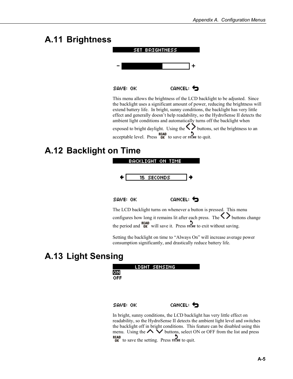 A.11 brightness, A.12 backlight on time, A.13 light sensing | A.11, A.12, A.13 | Campbell Scientific HS2 and HS2P (HydroSense II) User Manual | Page 41 / 46