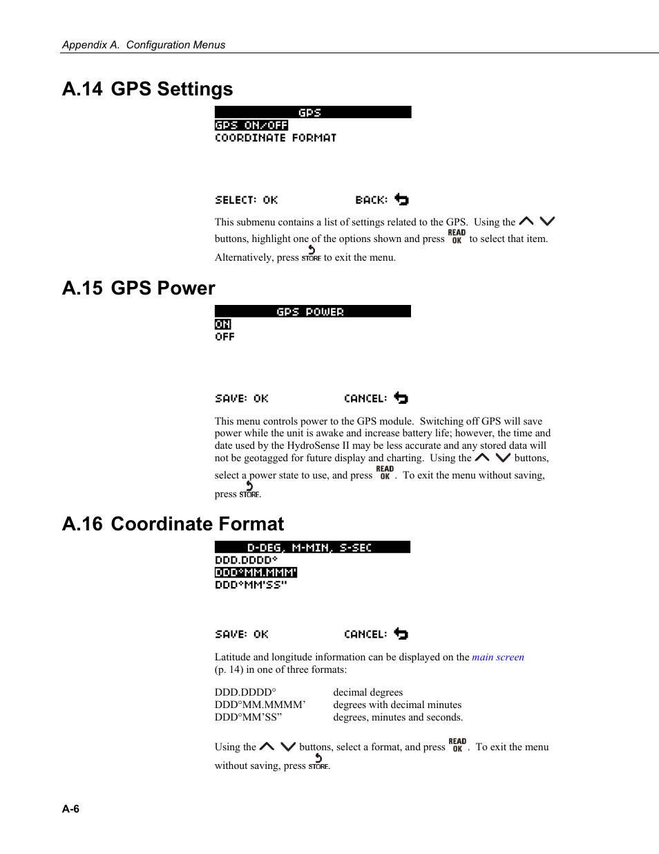 A.14 gps settings, A.15 gps power, A.16 coordinate format | A.14, A.15, A.16, Appendix a.14, gps, Settings, A-6), Appendix a.14, gps settings | Campbell Scientific HS2 and HS2P (HydroSense II) User Manual | Page 42 / 46