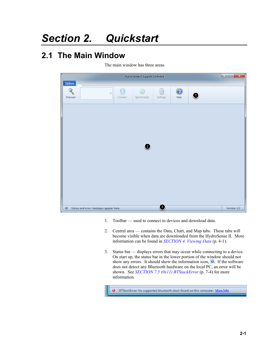 Section 2. quickstart, 1 the main window, Quickstart -1 | 1 the, Main, Window -1, Quickstart | Campbell Scientific HydroSense II Support Software User Guide User Manual | Page 13 / 82