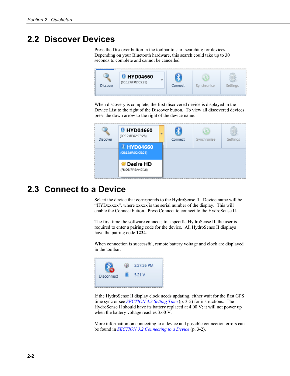 2 discover devices, 3 connect to a device, 2 discover | Devices -2, 3 connect, A device -2 | Campbell Scientific HydroSense II Support Software User Guide User Manual | Page 14 / 82