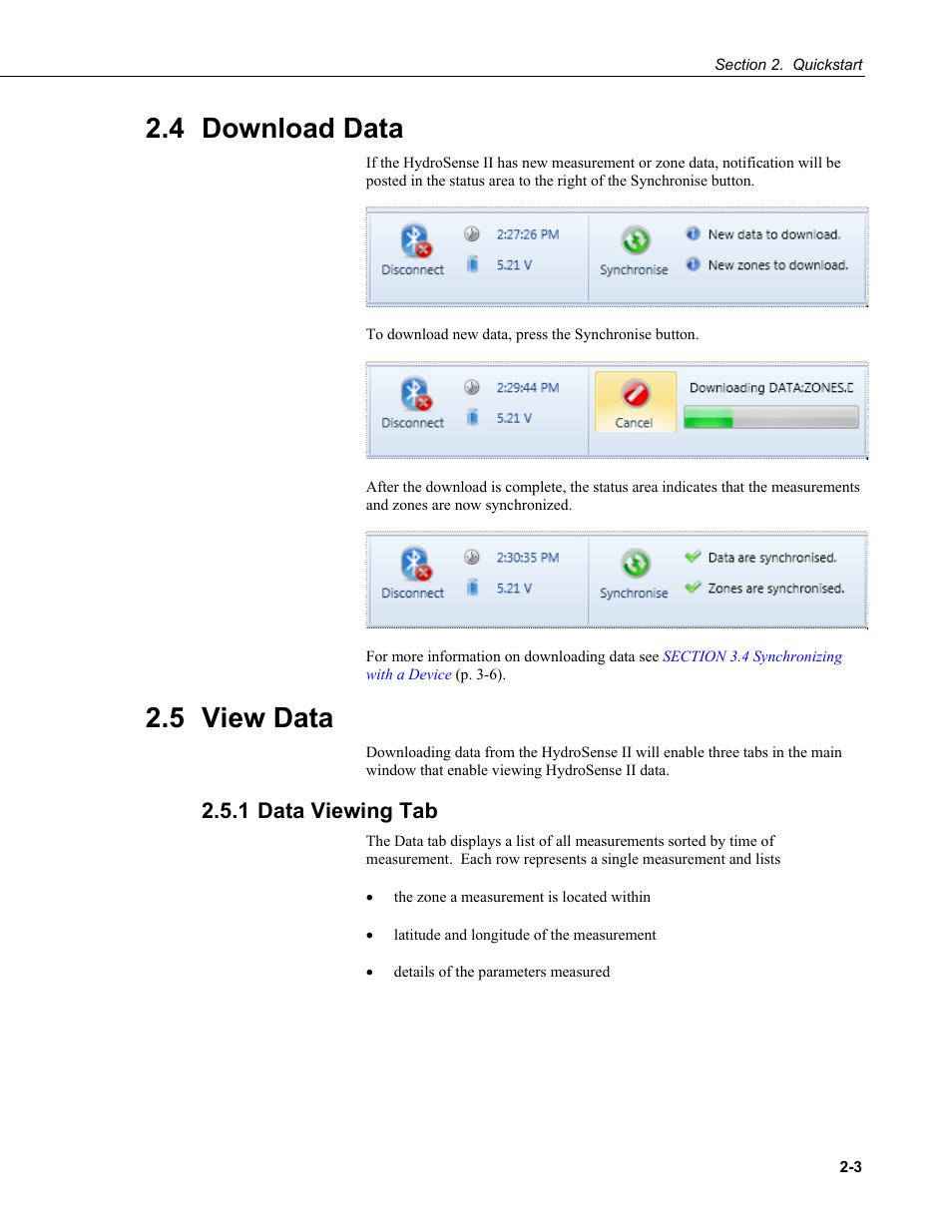 4 download data, 5 view data, 1 data viewing tab | 4 download, Data -3, 5 view, 1 data, Viewing, Tab -3 | Campbell Scientific HydroSense II Support Software User Guide User Manual | Page 15 / 82
