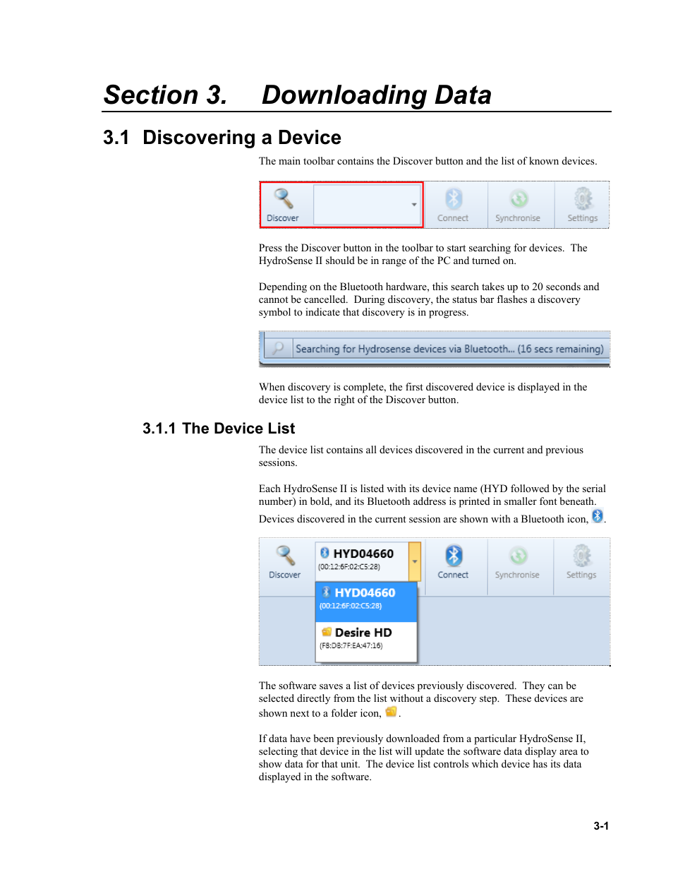 Section 3. downloading data, 1 discovering a device, 1 the device list | Downloading data -1, 1 discovering, A device -1, 1 the, Device, List -1 | Campbell Scientific HydroSense II Support Software User Guide User Manual | Page 19 / 82