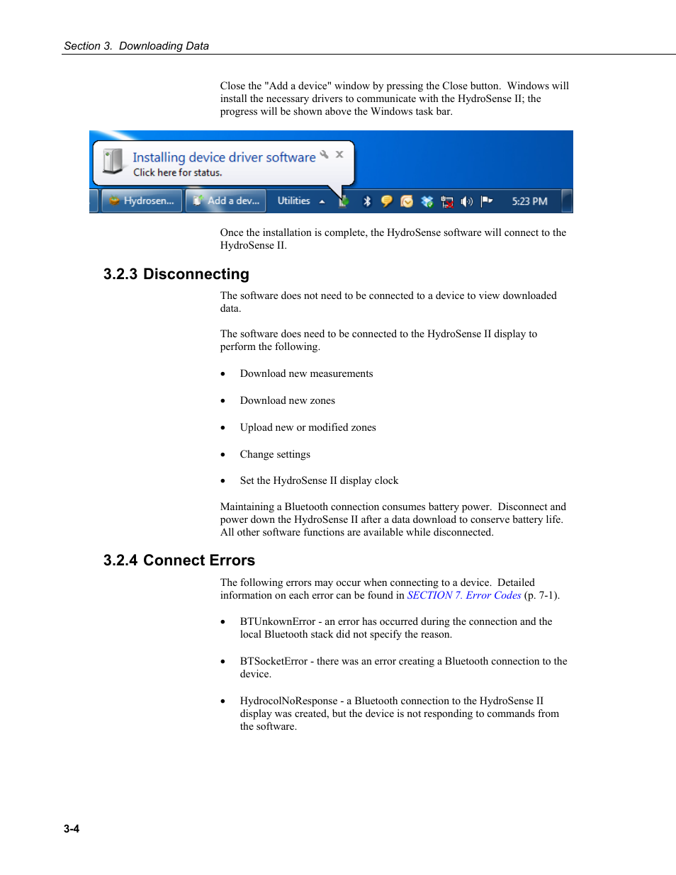 3 disconnecting, 4 connect errors, 3 disconnecting -4 3.2.4 connect | Errors -4 | Campbell Scientific HydroSense II Support Software User Guide User Manual | Page 22 / 82