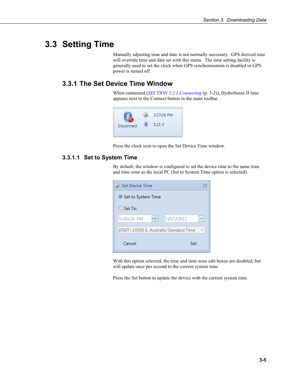 3 setting time, 1 the set device time window, 1 set to system time | 3 setting, Time -5, 1 the set device time window -5, 1 set to system time -5, Setting time, P. 3-5) fo | Campbell Scientific HydroSense II Support Software User Guide User Manual | Page 23 / 82