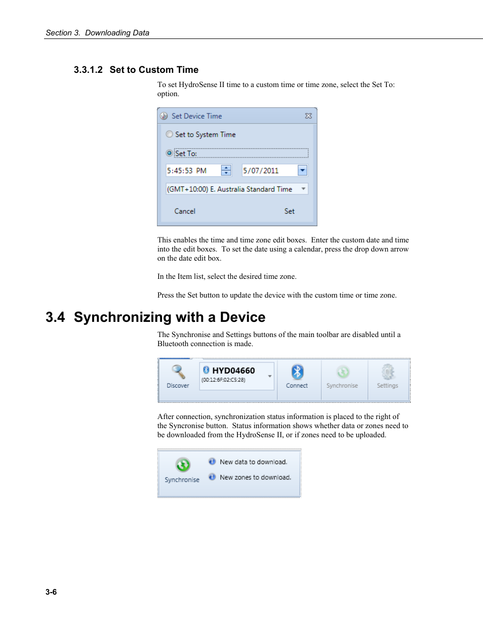 2 set to custom time, 4 synchronizing with a device, 2 set to custom time -6 | 4 synchronizing, With a device -6, Synchronizing, With a device, Synchronizing with a device | Campbell Scientific HydroSense II Support Software User Guide User Manual | Page 24 / 82