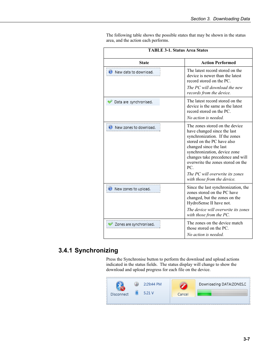 1 synchronizing, 1 synchronizing -7, 1. status area states -7 | Campbell Scientific HydroSense II Support Software User Guide User Manual | Page 25 / 82