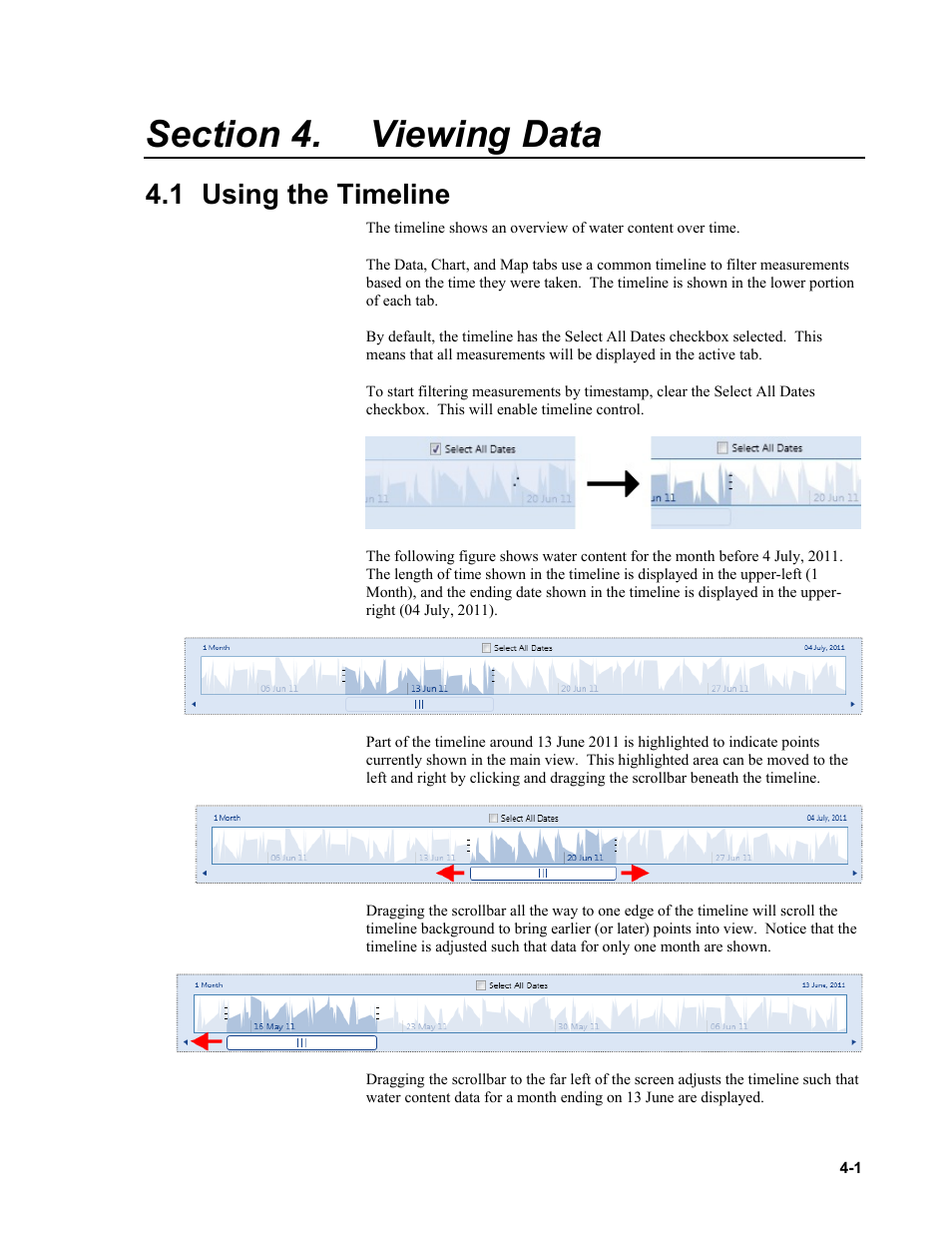 Section 4. viewing data, 1 using the timeline, Viewing data -1 | Using the timeline -1, Viewing data, P. 4-1 | Campbell Scientific HydroSense II Support Software User Guide User Manual | Page 27 / 82