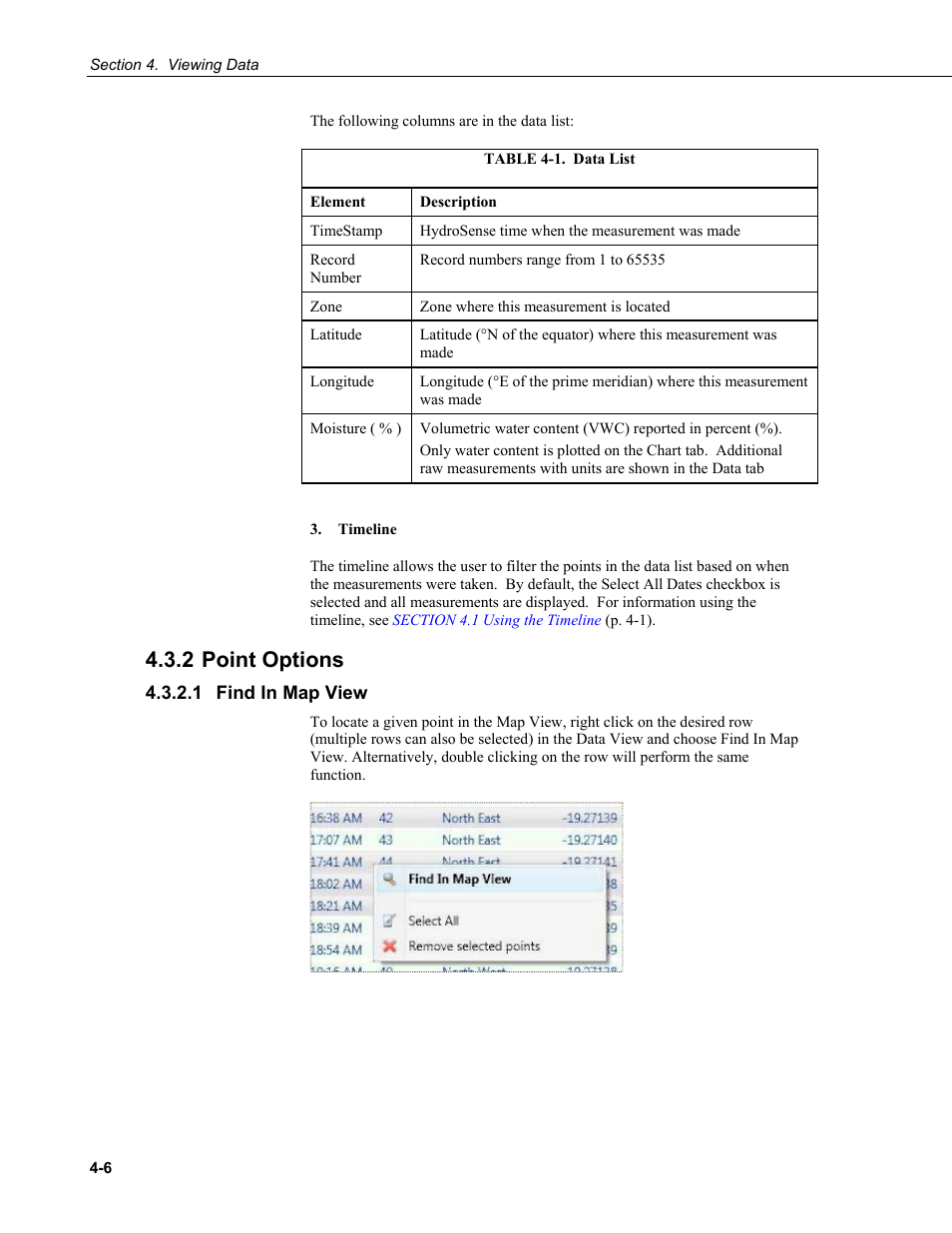 2 point options, 1 find in map view, 2 point | Options -6, 1 find in map view -6, 1. data, List -6 | Campbell Scientific HydroSense II Support Software User Guide User Manual | Page 32 / 82