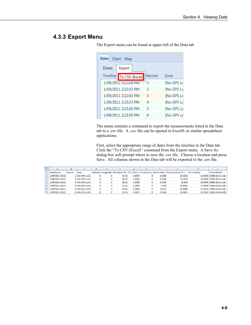 3 export menu, 3 export menu -9, Export menu | Campbell Scientific HydroSense II Support Software User Guide User Manual | Page 35 / 82