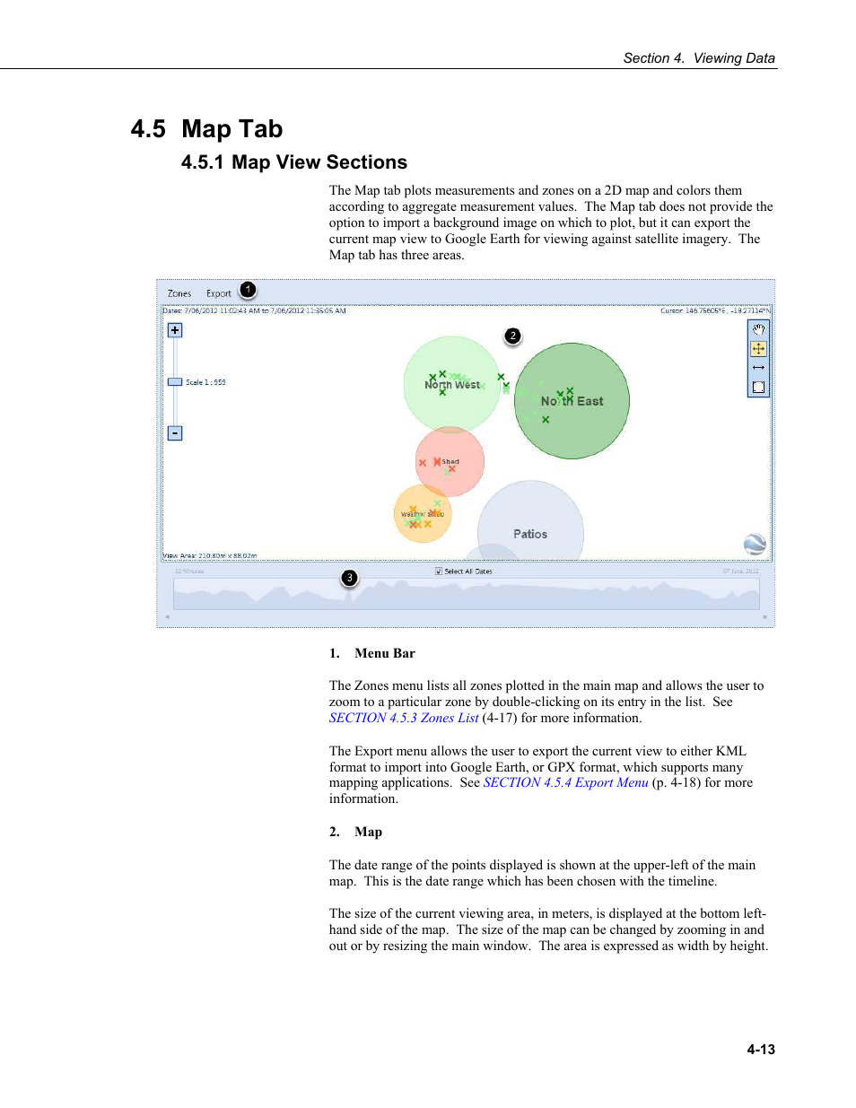 5 map tab, 1 map view sections, 5 map | Tab -13, 1 map, View, Sections -13, Map tab, P. 4 | Campbell Scientific HydroSense II Support Software User Guide User Manual | Page 39 / 82